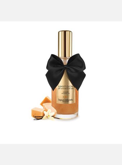 Массажное масло-шиммер Sunset Glow со вкусом и ароматом карамели, Bijoux Indiscrets Массажное масло-шиммер